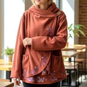 Pumpkin Orange Bohemian Wrap Jacket Embroidered Hooded Festival One Size / Nepal